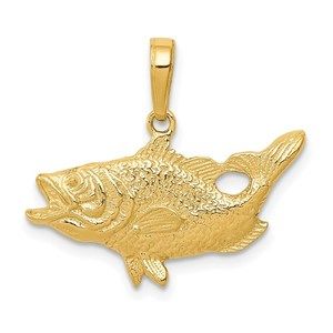 14k Yellow Gold Open Mouthed Bass Fish Necklace Charm Pendant